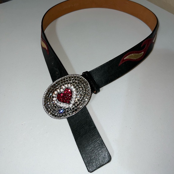 Bebe Vintage Rhinestone Heart Western Flame Leather Belt Size M/L - Picture 6 of 14